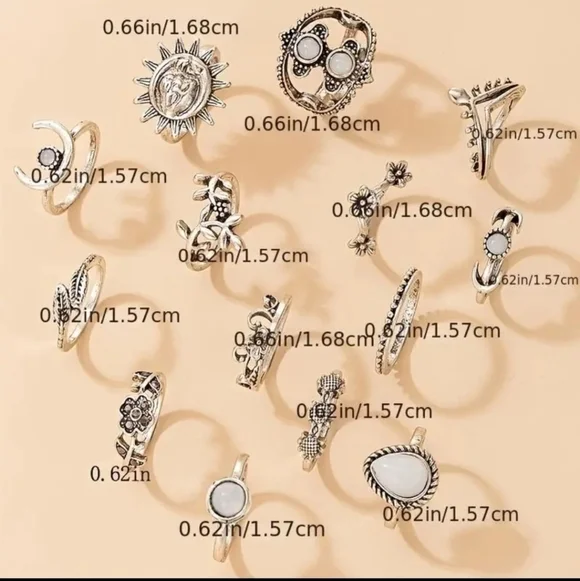NWT Vintage Boho Joint Ring Set - 14 Pcs with Leaf, Moon, Flower Accents - Picture 4 of 7